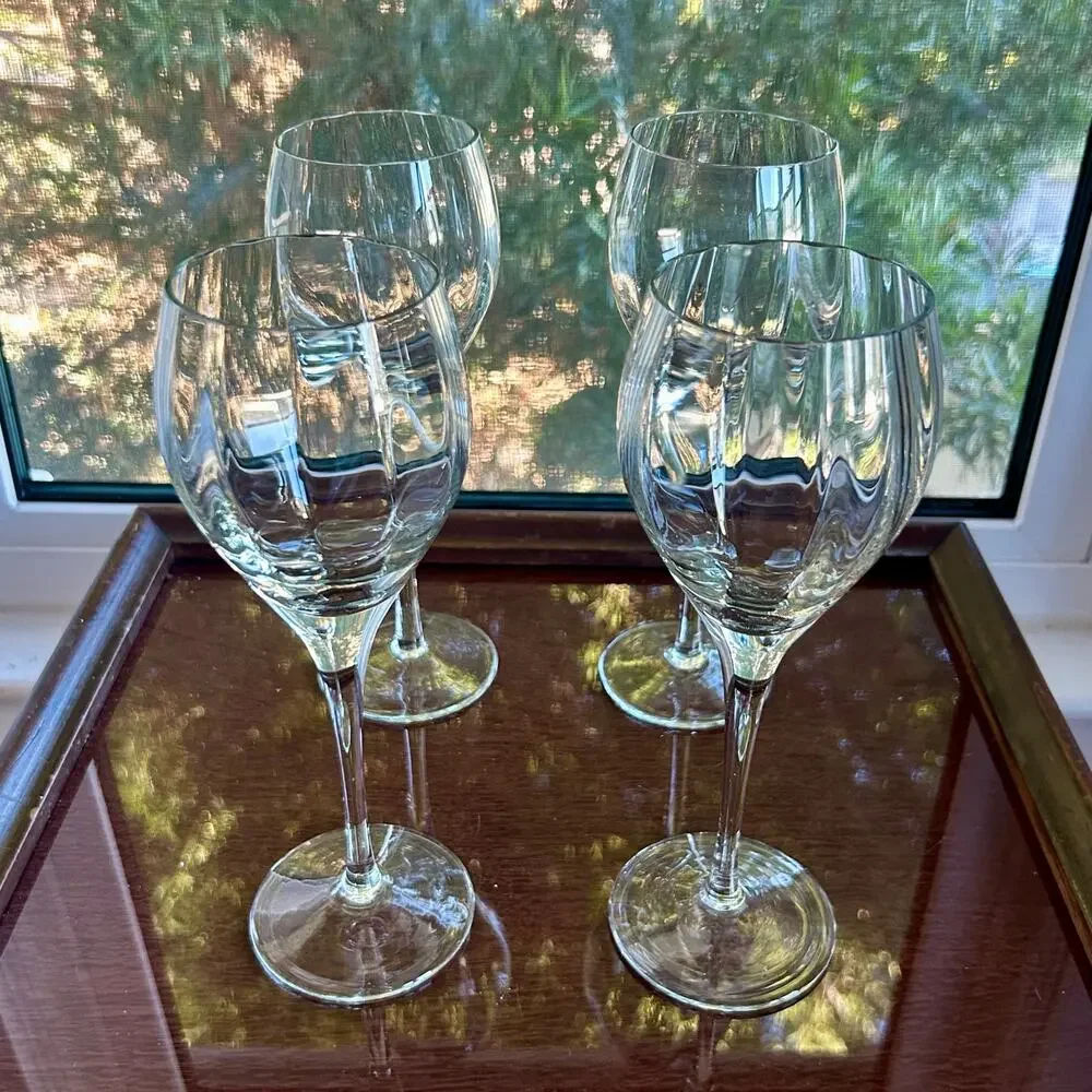 Vintage Blown Optic Wine Glasses Set of 4 Clear Faceted Stemware